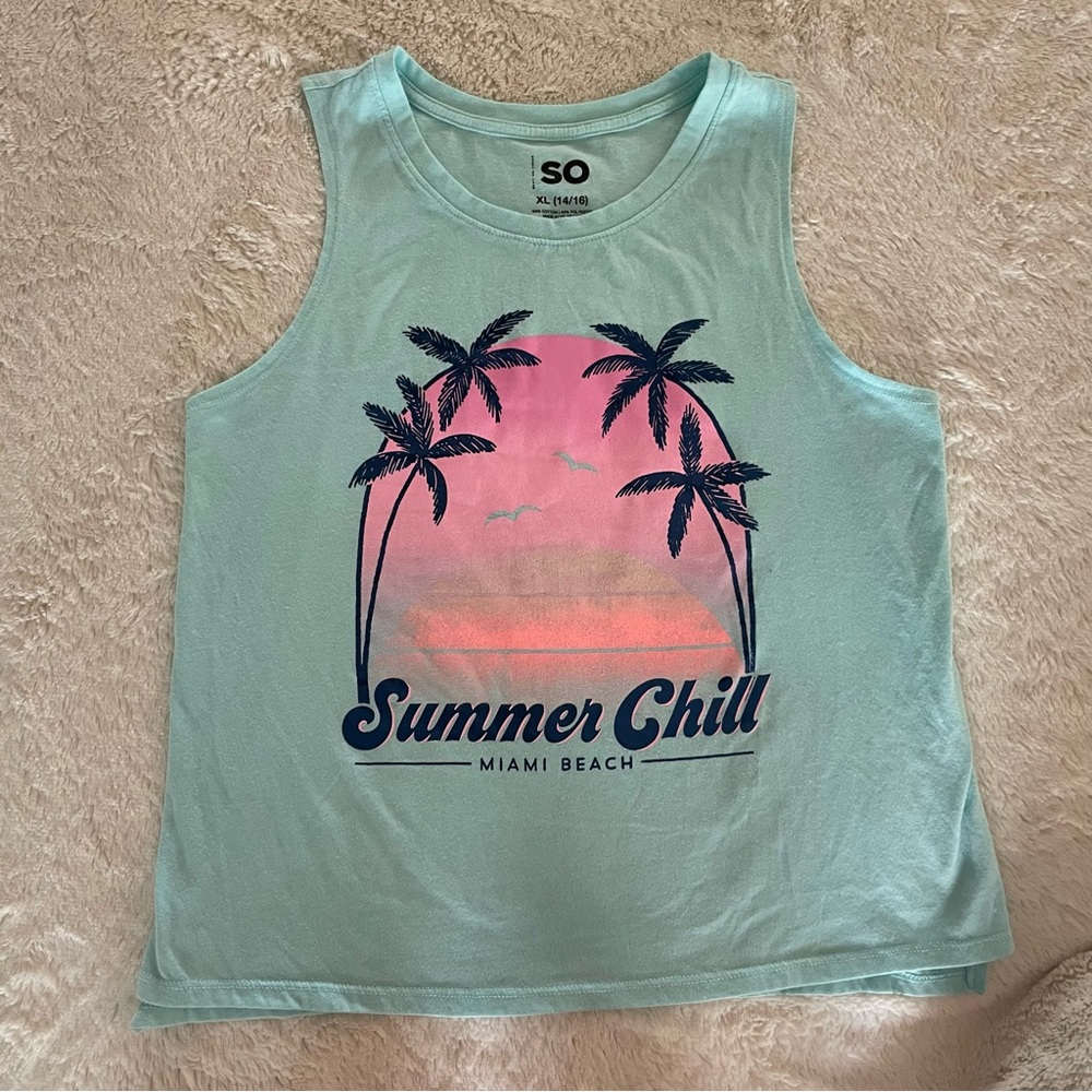 SO Girls Short Sleeve XL 14/16 Palm Trees Tank Top Teal - Picture 1 of 6